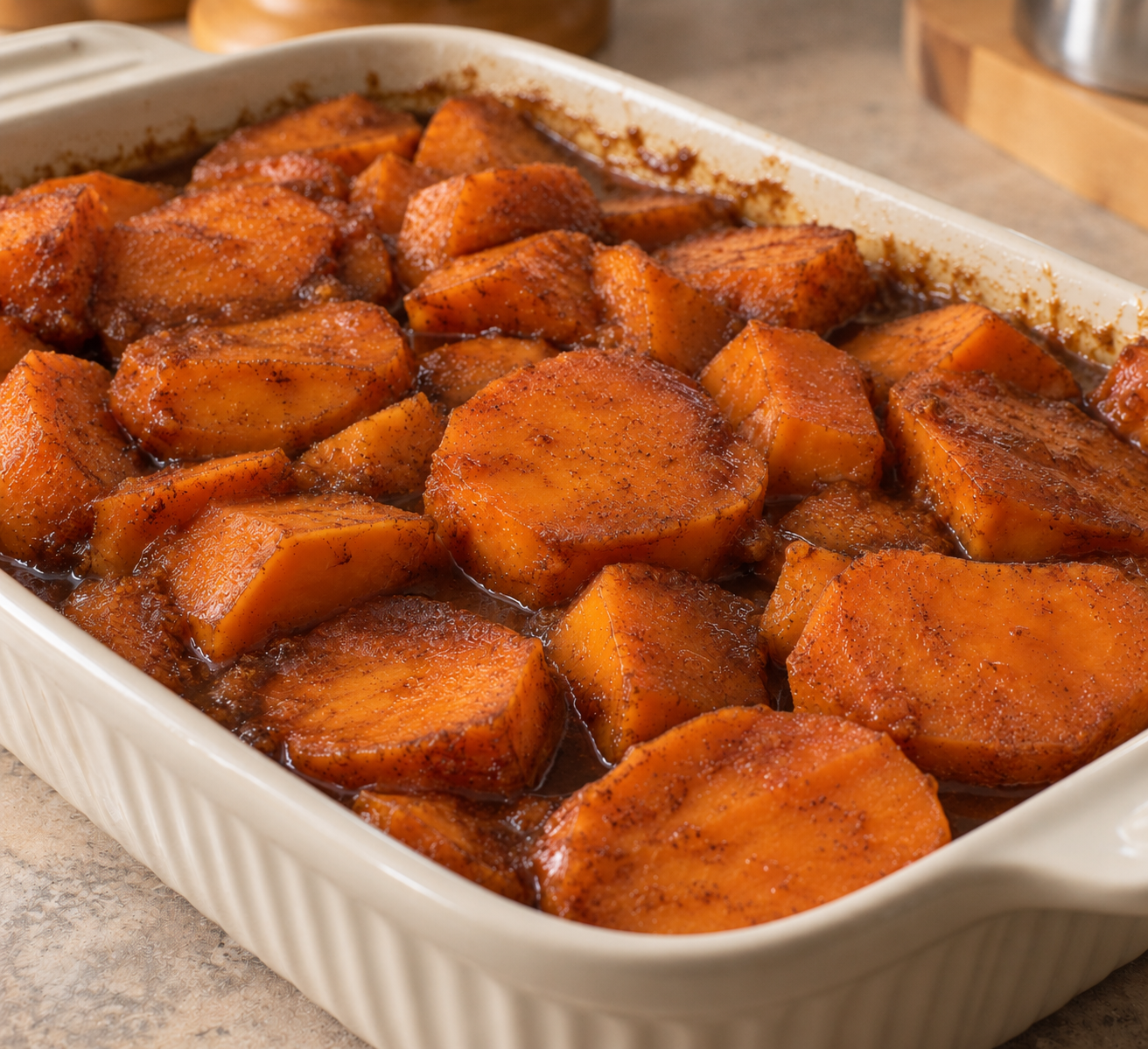 Sliced candied sweet potatoes glazed in spiced brown sugar syrup inside a fluted ceramic baking dish