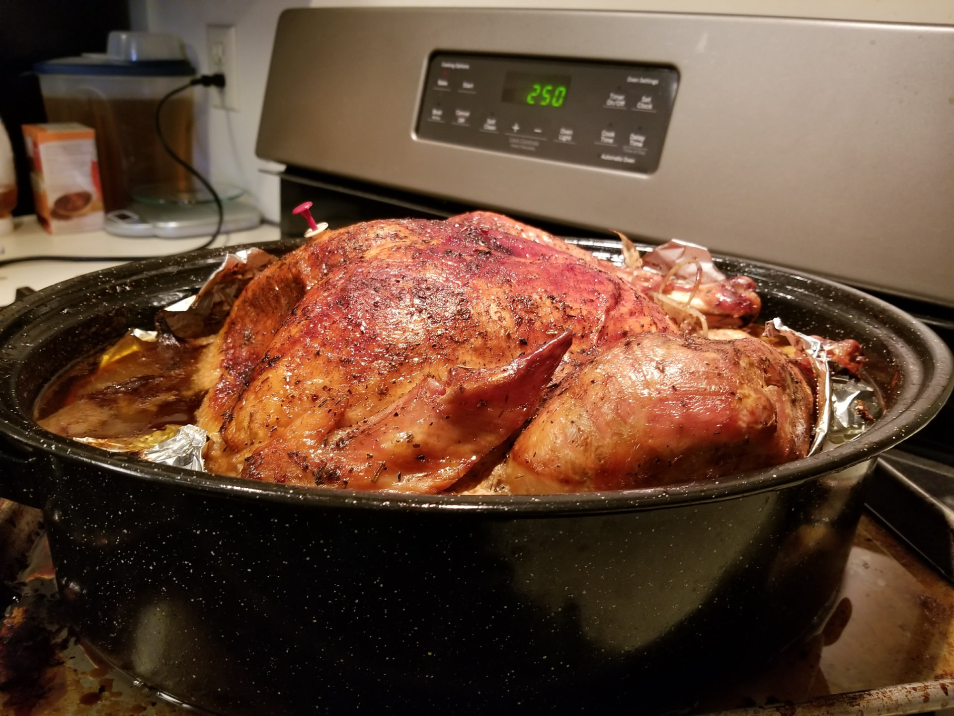 A whole roasted turkey with glossy golden-brown skin flecked with seasoning, resting in a black speckled enamel roasting pan